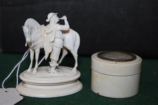 Dieppe ivory group, cavalier & horse, ivory pill box & cover with portrait miniature, initialled (af) & a seal